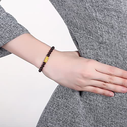 24K Solid Gold Bracelet for Women, Real Pure Gold Jewelry Fortune Pixiu Garnet Beaded Bracelet for Men