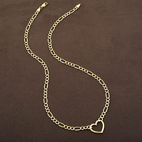 Jewelry Atelier Gold Filled Figaro Heart Necklaces – 14K Yellow Gold Filled Heart Pendant with Solid Figaro Chain for Women with Different Sizes (2.7mm, 4.5mm)