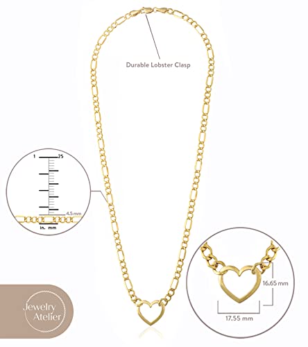 Jewelry Atelier Gold Filled Figaro Heart Necklaces – 14K Yellow Gold Filled Heart Pendant with Solid Figaro Chain for Women with Different Sizes (2.7mm, 4.5mm)