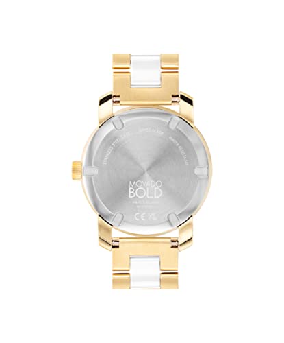 Movado Women s Bold Iconic Pale Gold Ionic Plated Stainless Steel Case, Pale Gold Ionic Plated Stainless Steel and White Ceramic Link Bracelet, Two Tone, (Model: 3600892)
