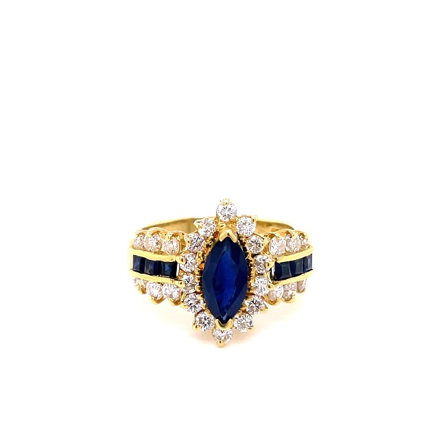 Jewelry Bliss 18k Yellow Gold Blue Sapphire Marquise Genuine Gemstone and Diamond Halo Cocktail Ring For Women Size 6