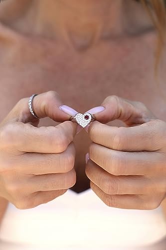 18k White Gold Heart Ring with Ruby Center Surrounded by White Elegant Brilliant Diamonds, F - Color, VS1 Clarity, 0.20ct., Handmade and Unique Gifts for Her, Dainty and Minimalists Jewelry for Women