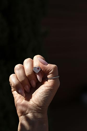 18k White Gold Heart Ring with Ruby Center Surrounded by White Elegant Brilliant Diamonds, F - Color, VS1 Clarity, 0.20ct., Handmade and Unique Gifts for Her, Dainty and Minimalists Jewelry for Women