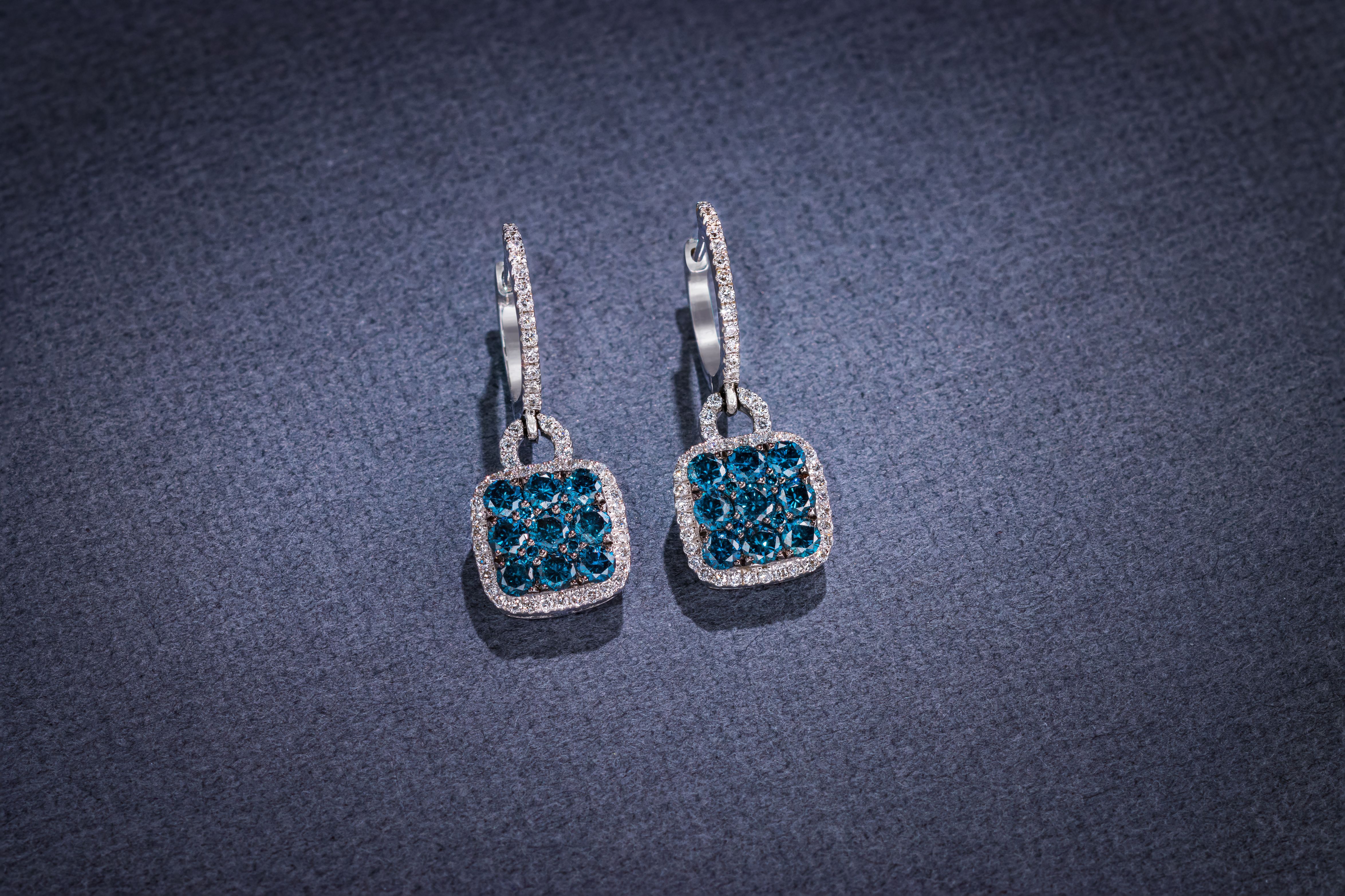 1 1/4 Carat White and Blue Diamond Dangle Drop Earrings for Women in 14k White Gold (H-I, VS2-SI1, cttw) Square Huggie Earrings by LeVian