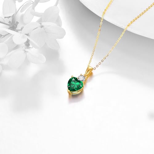 DOVRAN 14K Solid Yellow Gold Natural Green Emerald Pendant Necklaces (1.75 Carat,8mm Heart) Engagement Valentine s Day Gift for Women Girls