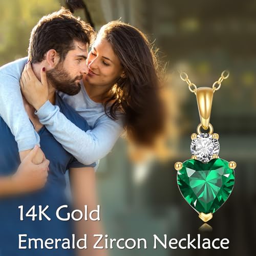 DOVRAN 14K Solid Yellow Gold Natural Green Emerald Pendant Necklaces (1.75 Carat,8mm Heart) Engagement Valentine s Day Gift for Women Girls