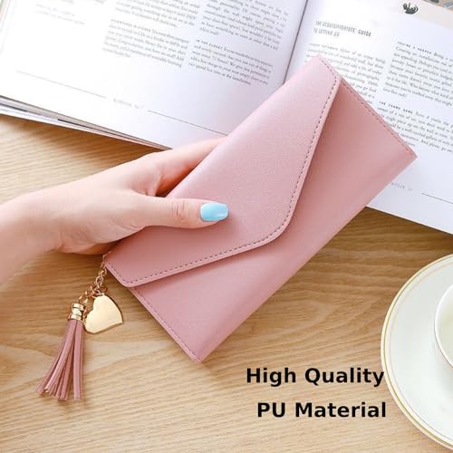 IFFANY Stylish Leather Envelope Card Wallet with Tassel Chain Long Wallet for Women,Pink