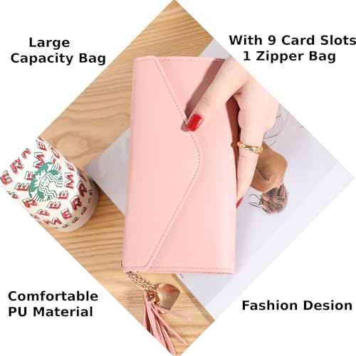 IFFANY Stylish Leather Envelope Card Wallet with Tassel Chain Long Wallet for Women,Pink
