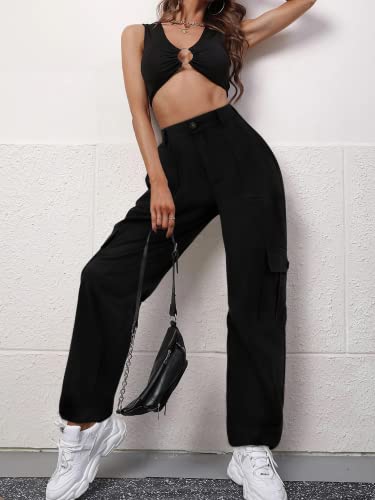 LOLOCCI Cargo Pants for Women High Waisted Travel Tactical Streetwear Casual Pants with 6 Pockets Drawstring Ankle Cuffs