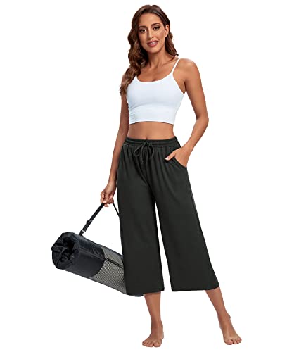 ASIMOON Womens Capri Yoga Pants Wide Leg Drawstring Lounge Pants Loose Comfy Workout Capris Sweatpants with Pockets