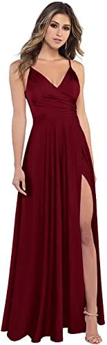 HSFIYAKJ V-Neck Bridesmaid Dresses Long Spaghetti Satin Slit Prom Formal Evening Party Dresses with Pockets