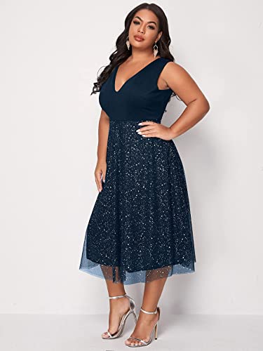 Floerns Women s Plus Size V Neck Sleeveless Contrast Mesh Evening Midi Dress