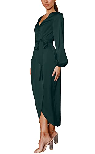 Women Satin Dress Deep V-Neck Long Sleeve Tie Waist Split Midi Dresses