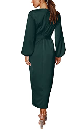 Women Satin Dress Deep V-Neck Long Sleeve Tie Waist Split Midi Dresses