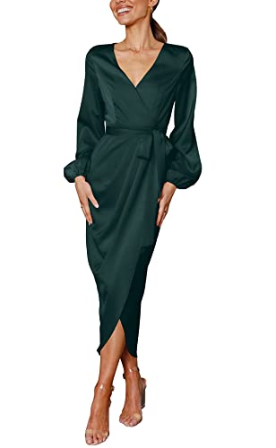 Women Satin Dress Deep V-Neck Long Sleeve Tie Waist Split Midi Dresses