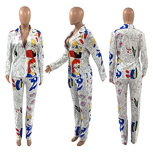 Womens Sexy 2 Pieces Graffiti Print Blazer Suit Pants Set Nightclub Tracksuit Outfit Set