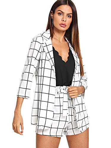 SheIn Women s 2 Pieces Outfits Plaid 3/4 Sleeve Blazers and Tie Waist Shorts Set