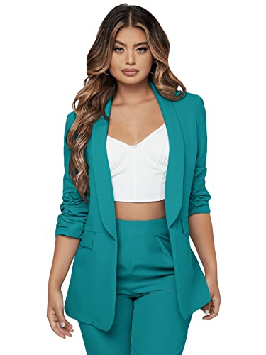 SweatyRocks Women s 2 Piece Solid Ruched Sleeve Blazer and Pants Business Office Suit Set