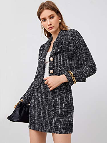 SweatyRocks Women s Business Suit 2 Pieces Tweed Blazer Jacket Coat and Skirt Set