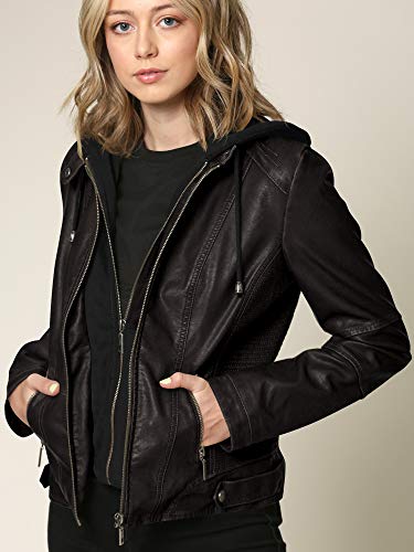 Lock and Love Women s Removable Hooded Faux Leather Jacket Moto Biker Coat
