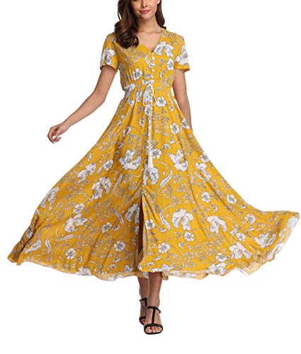 V Fashion Women s Floral Maxi Dress Button Up Split Summer Boho Long Beach Dress