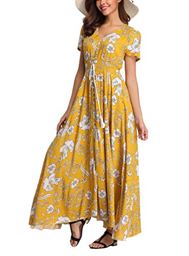 V Fashion Women s Floral Maxi Dress Button Up Split Summer Boho Long Beach Dress