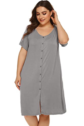 Ekouaer Women s Nightshirt Short Sleeve Button Down Nightgown V-Neck Sleepwear Pajama Dress