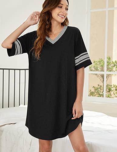 Ekouaer Women s Nightgown, Cotton Novelty Sleepshirts V Neck Short Sleeve Sleep Shirt Loose Comfy Pajama Sleepwear S-XXL