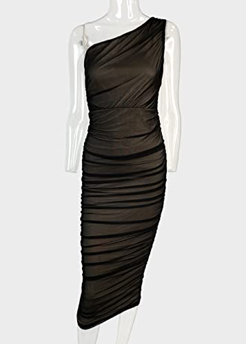 Pofash Women s One Shoulder Sleeveless Mesh Ruched Cocktail Club Party Midi Bodycon Dress