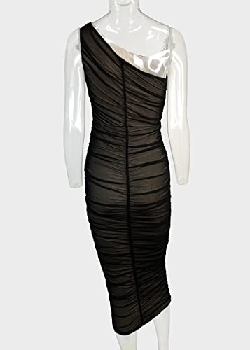 Pofash Women s One Shoulder Sleeveless Mesh Ruched Cocktail Club Party Midi Bodycon Dress