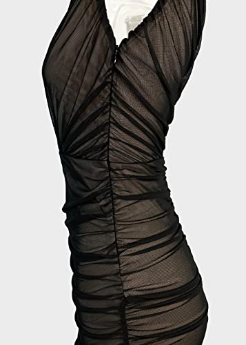 Pofash Women s One Shoulder Sleeveless Mesh Ruched Cocktail Club Party Midi Bodycon Dress