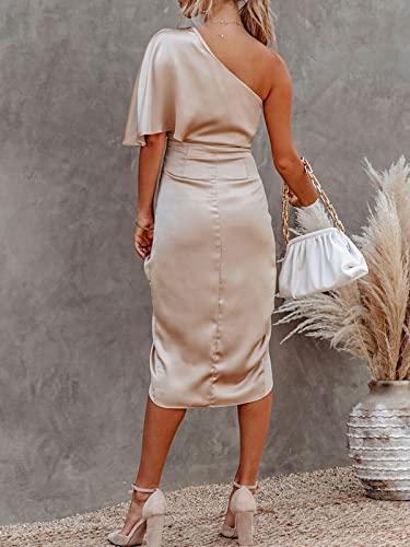 CUPSHE Women Satin Dress Backless One Shoulder Flared Short Sleeves Midi High Low Hem Cocktail Party Dress Zipper