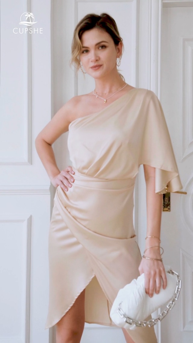 CUPSHE Women Satin Dress Backless One Shoulder Flared Short Sleeves Midi High Low Hem Cocktail Party Dress Zipper