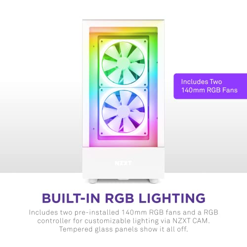 NZXT H5 Elite Compact ATX Mid-Tower PC Gaming Case – Built-in RGB Lighting – Tempered Glass Front and Side Panels – Cable Management – 2 x 140mm RGB Fans Included – 280mm Radiator Support – White