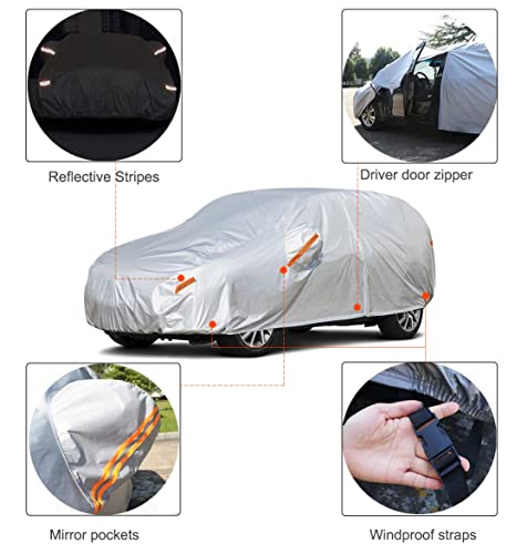 Kayme Car Covers for SUV Waterproof All Weather Sun Uv Rain Protection with Zipper Mirror Pocket Fit Ford Explorer, Toyota Highlander, Honda Pilot, Suitable for Mid Size SUV Jeep (188 to 200 Inch) YXL