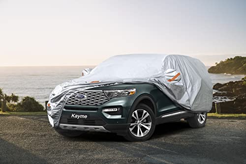 Kayme Car Covers for SUV Waterproof All Weather Sun Uv Rain Protection with Zipper Mirror Pocket Fit Ford Explorer, Toyota Highlander, Honda Pilot, Suitable for Mid Size SUV Jeep (188 to 200 Inch) YXL