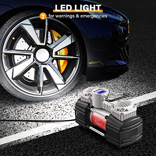 GSPSCN Portable Air Compressor Pump Tire Inflator with Digital Gauge, Heavy Duty Double Cylinder 12V Tire Pump 150 PSI with Tire Repair Kit and Toolbox for Auto,SUV,Off-Road,Truck,Bike