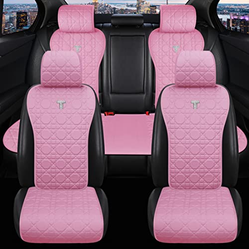 Begonydeer Luxury Car Seat Cover Pink Leather Seat Covers Comfort Universal Seat Covers for Cars for Women 11pcs Auto Seat Cushion Covers with Blingbling 2/3 Covered Fit Car Auto Truck SUV (S-Pink)