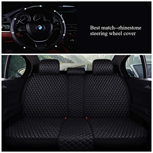 Luxury Black Leather Car Seat Cover Front & Rear Seat Covers with Airbag Compatible 9PCS Universal Leather Seat Cover Fit Car Auto SUV (B-Black)
