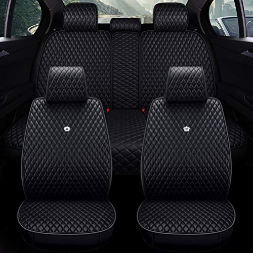 Luxury Black Leather Car Seat Cover Front & Rear Seat Covers with Airbag Compatible 9PCS Universal Leather Seat Cover Fit Car Auto SUV (B-Black)