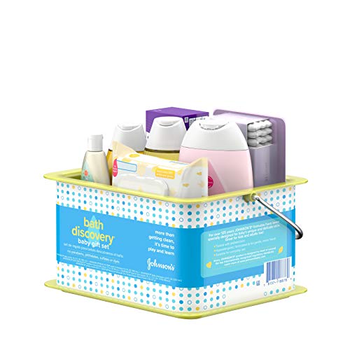 Johnson s Bath Discovery Gift Set for Parents-to-Be, Caddy with Baby Bath Time & Skin Care Essentials, Bath Kit Includes Baby Body Wash, Shampoo, Wipes, Lotion & Diaper Rash Cream, 7 Items