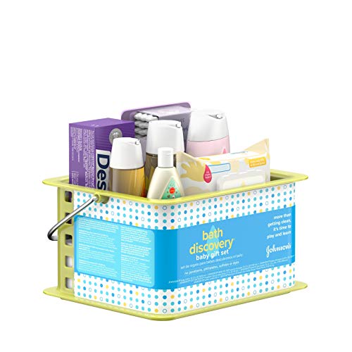 Johnson s Bath Discovery Gift Set for Parents-to-Be, Caddy with Baby Bath Time & Skin Care Essentials, Bath Kit Includes Baby Body Wash, Shampoo, Wipes, Lotion & Diaper Rash Cream, 7 Items