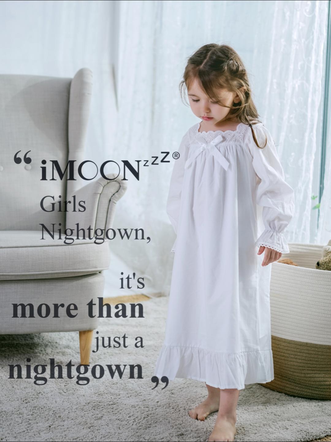 iMOONZZZ Nightgowns for Girls, Long Vintage Soft Cotton Sleepwear, Full Length Nightdress for Kids 3-12 Years