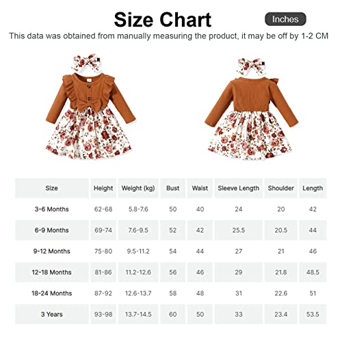 PATPAT Baby Girl Dress Infant Girls Long Sleeve Fall Casual Dress Round Neck Floral Print A-Line Dress