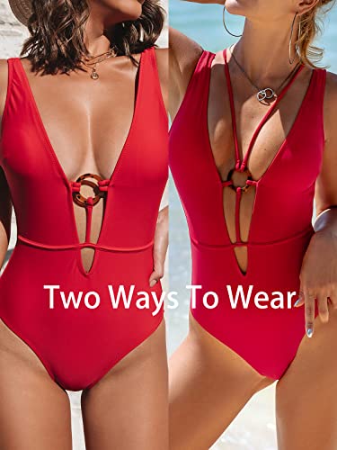 CUPSHE Women One Piece Swimsuits O Ring Red Strappy Lace Up Monokini Swimsuits Bathing Suit