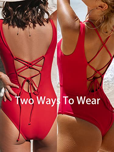 CUPSHE Women One Piece Swimsuits O Ring Red Strappy Lace Up Monokini Swimsuits Bathing Suit