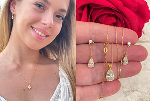 Solid 18k Yellow GOLD 4ct HANDMADE CERTIFIED Diamond Jewelry SET Diamond Tear Drop Diamond Necklace Teardrop Diamond Earrings Screw Back Earrings Teardrop Jewelry sets for women Mother s day Gift