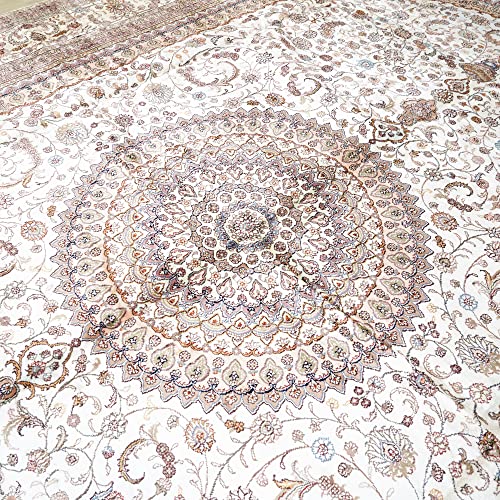 Yilong Carpet 12x18ft Oversized Oriental Silk Rugs Handmade Big Area Carpets Vintage Medallion Rug for Living Room Home Office (White)