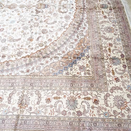 Yilong Carpet 12x18ft Oversized Oriental Silk Rugs Handmade Big Area Carpets Vintage Medallion Rug for Living Room Home Office (White)