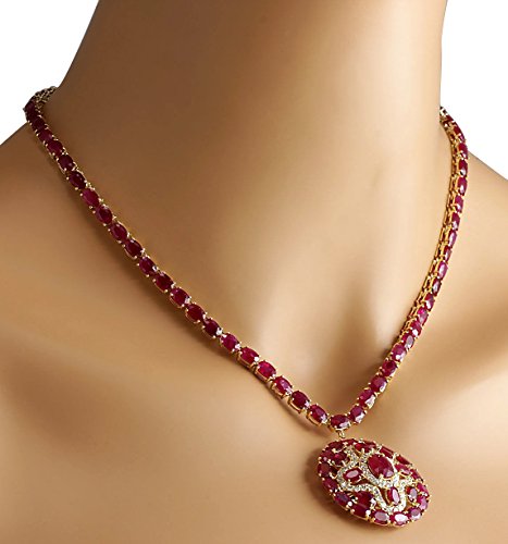 Fashion Strada 55.35 Carat Natural Red Ruby and Diamond (F-G Color, VS1-VS2 Clarity) 14K Yellow Gold Luxury Necklace for Women Exclusively Handcrafted in USA